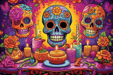 Pay homage to the Mexican tradition of Day of the Dead with sugar skulls, marig, a Decorative Illustration by zakiroff