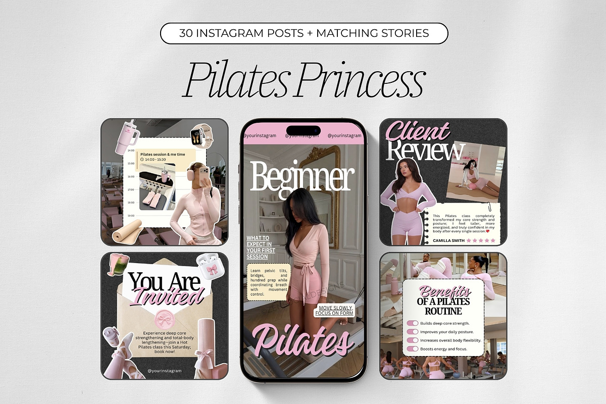 Pilates Instagram Templates, a Social Media Template by ZenSocialDesigns (Photo 1 of 9)