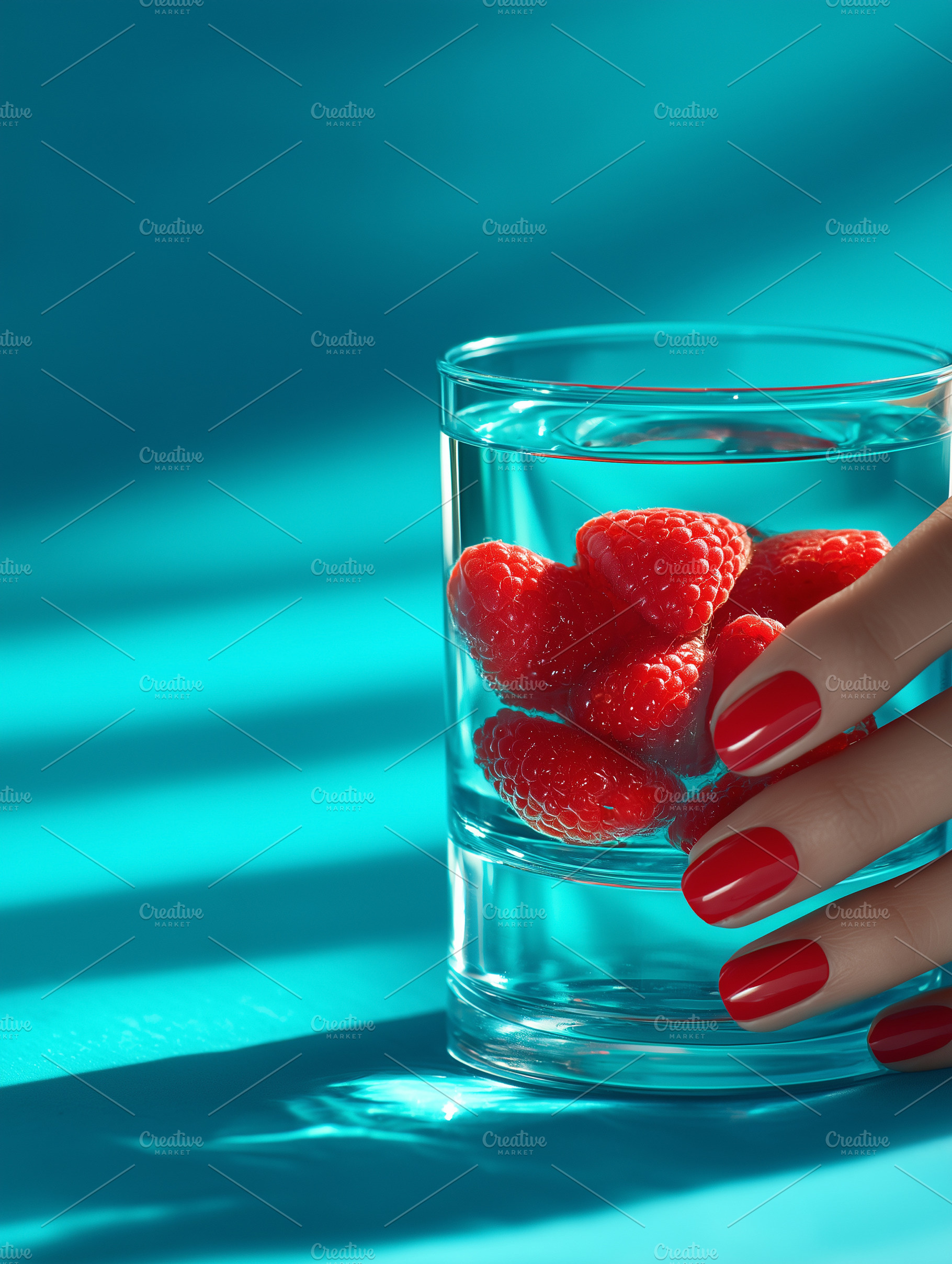 Vibrant, fresh raspberries submerged, a Food & Drink Photo by MistyDay
