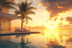 Luxurious villa with glass windows and swimming pool overlooking a sunset over, a Nature Photo by AlyaAnd