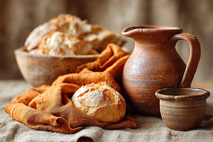 Clay jug and freshly baked bread displayed on rustic wood in warm, inviting set, a Photo by AlyaAnd