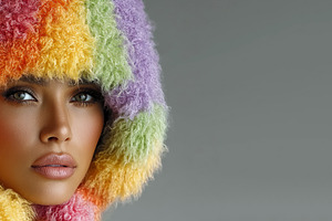 Stylish woman in soft rainbow wool hat gazing forward with calm, a Person Photo by José Manuel Gelpi