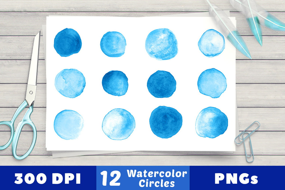 12 Small Blue Watercolor Circles, an Illustration by The Digital Download Shop (Photo 1 of 3)