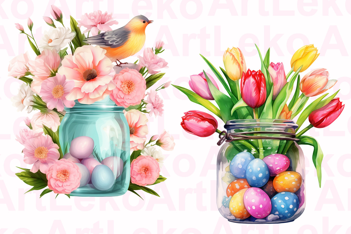 Easter Jars Watercolor Clipart, a Decorative Illustration by LekoArt (Photo 2 of 9)