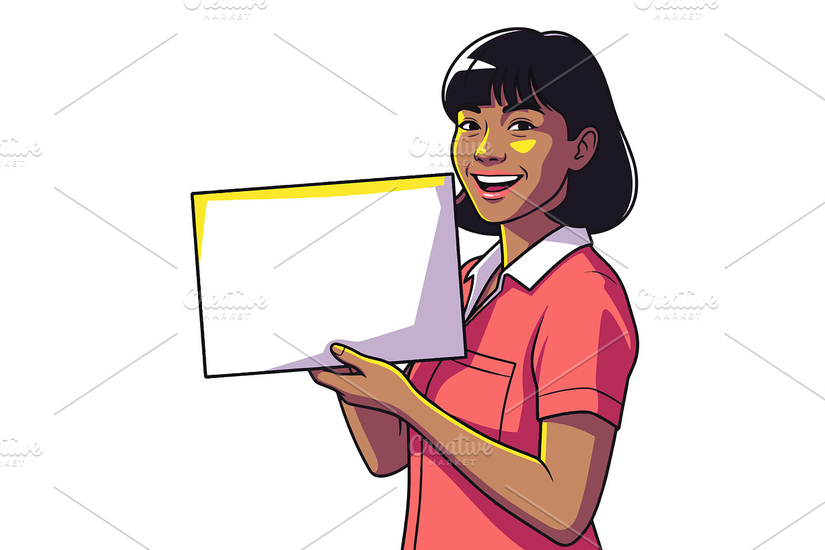 Smiling Woman Holding Blank Sign, a Person Illustration by AlexArt