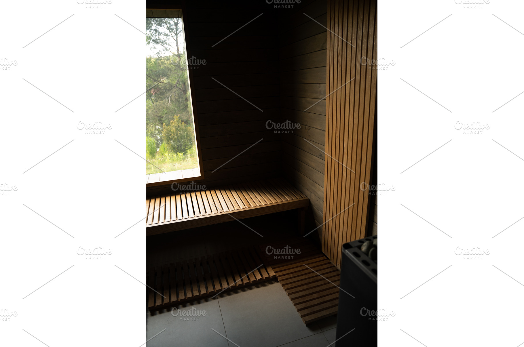 Wooden sauna bench with vertical, an Architecture Photo by volodymyrshtun13795