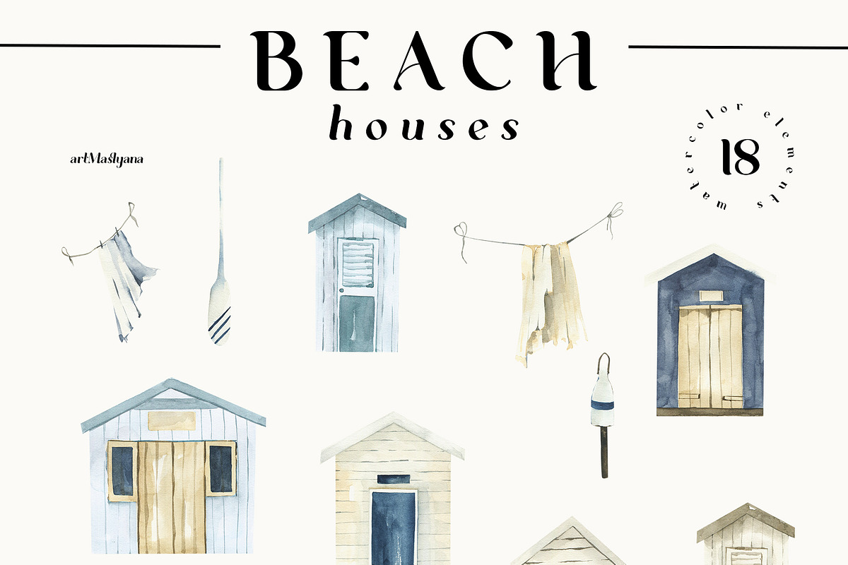 Watercolor Beach houses clipart., an Object Illustration by ArtMaslyana (Photo 3 of 8)