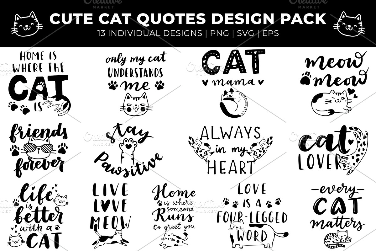 Cute Cat Quotes Design Pack, an Animal Illustration by Melanie Peterson (Photo 1 of 4)