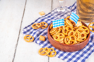 Oktoberfest holiday background with beer glasses, salted snack a, a Holiday Photo by Rimma