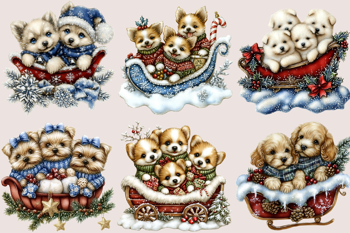 Whimsical Christmas Puppies Sleigh, a Seasonal Illustration by SVGArt (Photo 2 of 5)