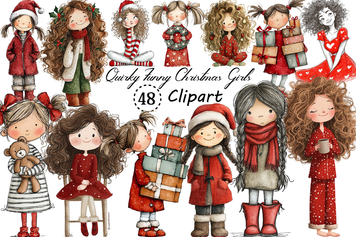 Quirky Funny Christmas Girls Clipart, an Illustration by Creative Art (Photo 1 of 13)
