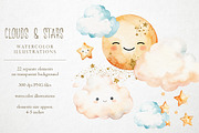 Watercolor moon stars & clouds, PNG, an Object Illustration by PixelJungle (Thumbnail 2 of 4)