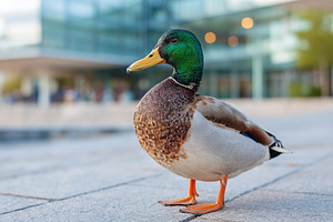 Mallard duck standing on urban pavement near glass buildings during daylight, an Animal Photo by AlyaAnd
