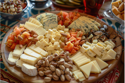 Gourmet cheese platter with nuts and, a Food & Drink Photo by Ylivdesign
