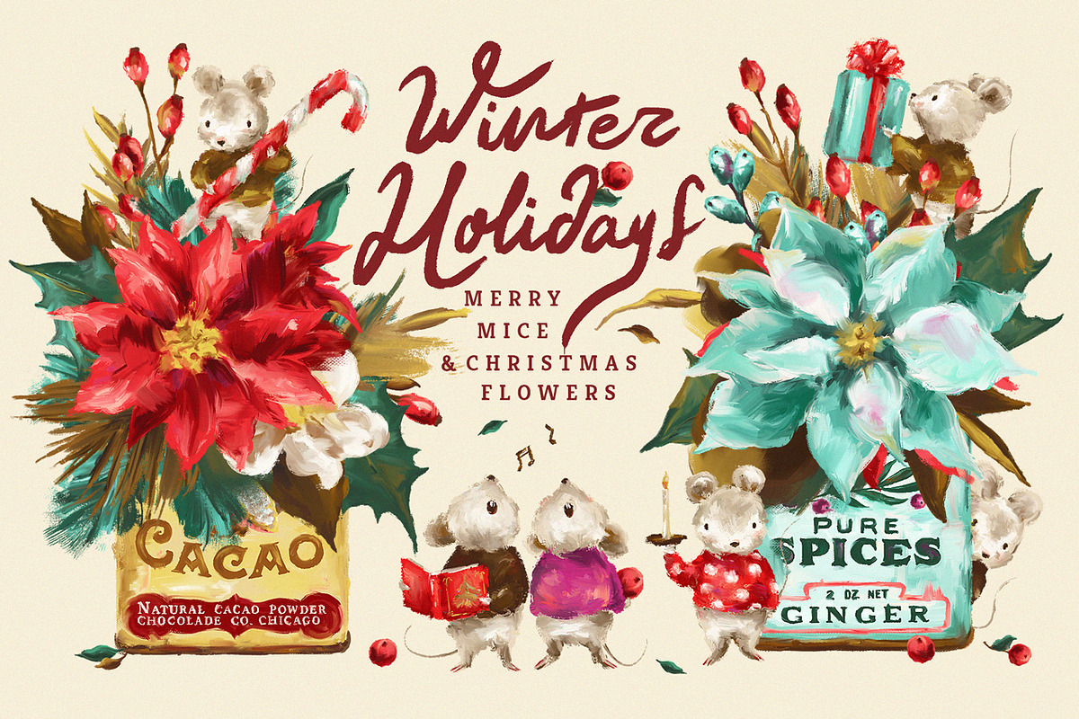 Floral Christmas & Merry Mice, an Animal Illustration by Yeticrab (Photo 1 of 7)