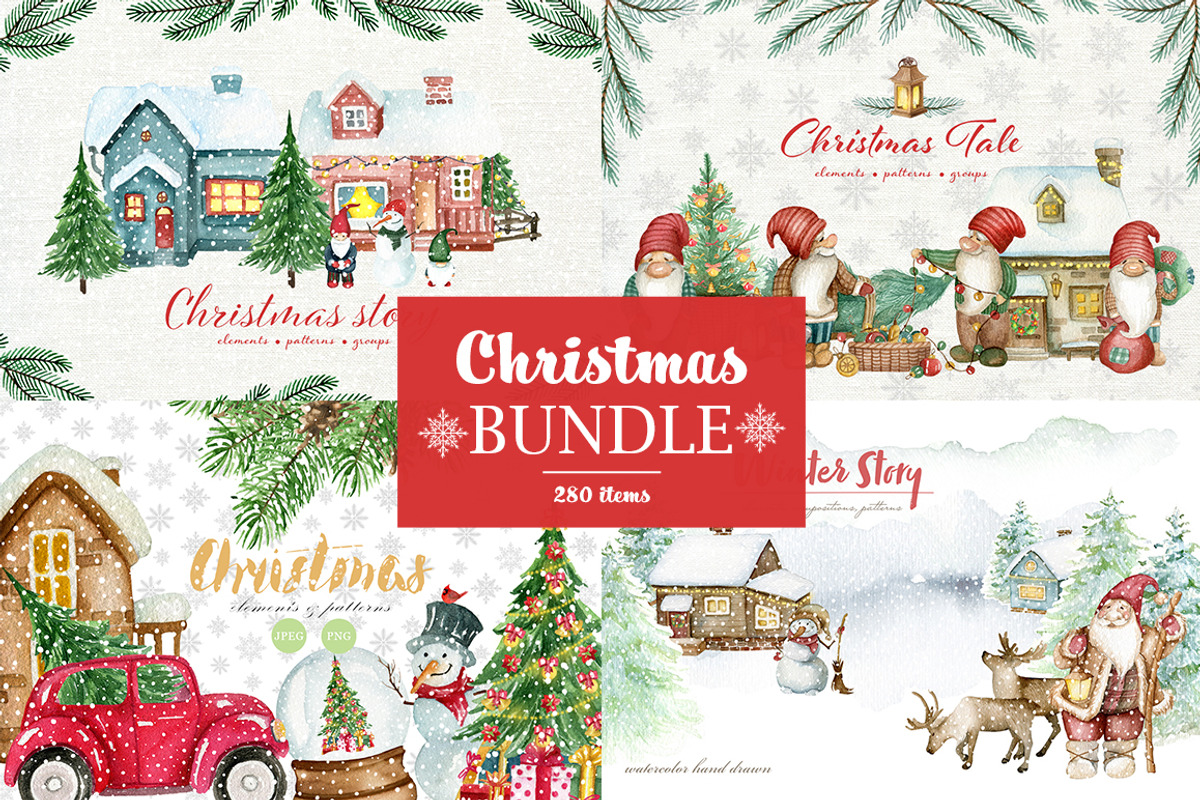 Watercolor Christmas bundle, an Illustration by JuliaBadeeva (Photo 1 of 29)