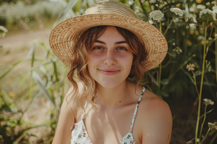 Glowing Seaside Serenity: Woman with Straw Hat Smiling - Generative AI, a Person Photo by José Manuel Gelpi