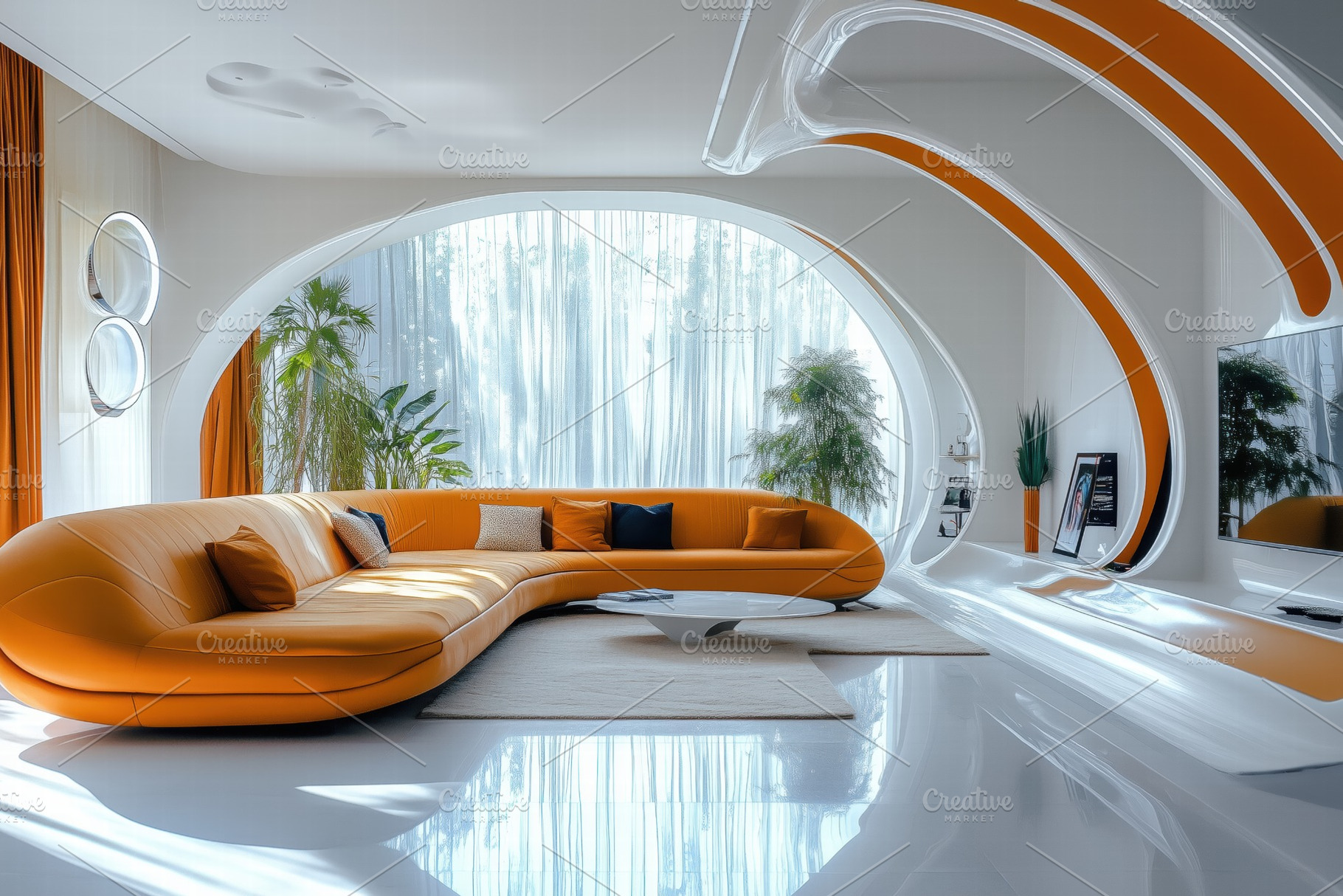 A modern Futuristic interior design style living room featuring a sleek, curved, an Arts & Entertainment Photo by Textures & Backgrounds