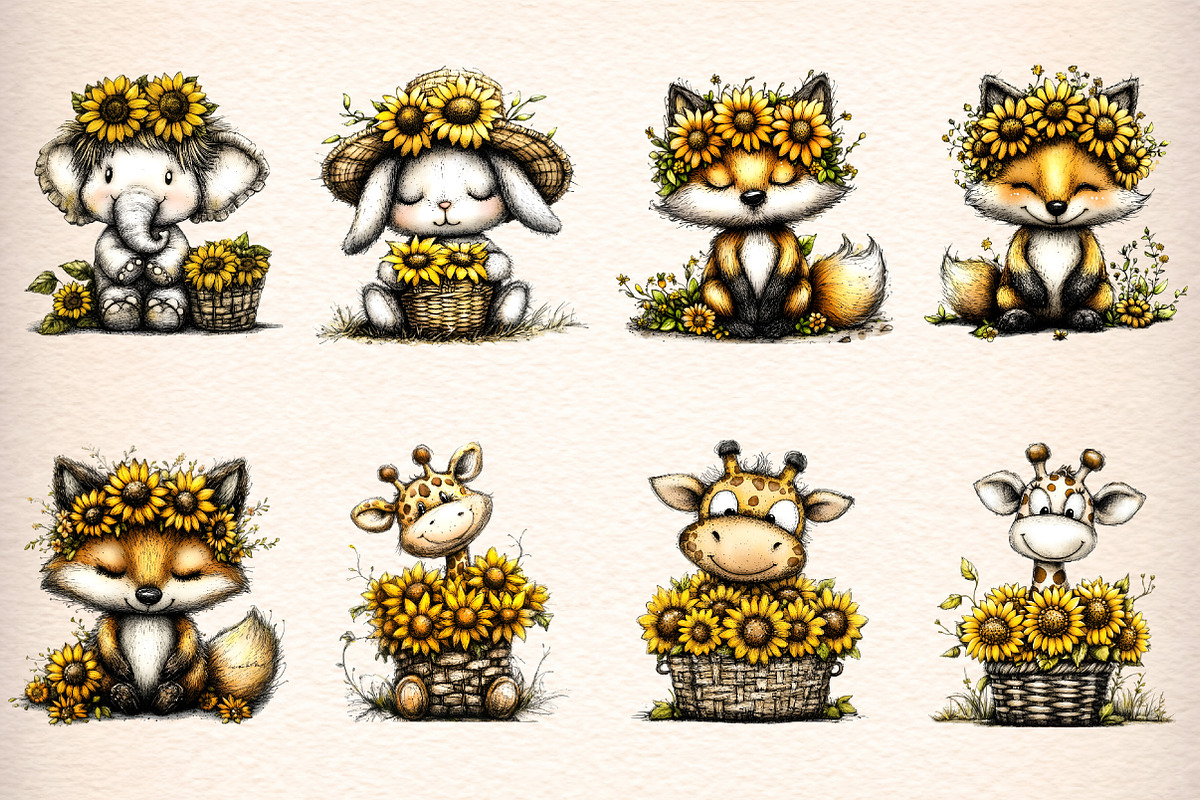whimsical safari sunflower clipart, an Illustration by GatewayDesign (Photo 3 of 9)
