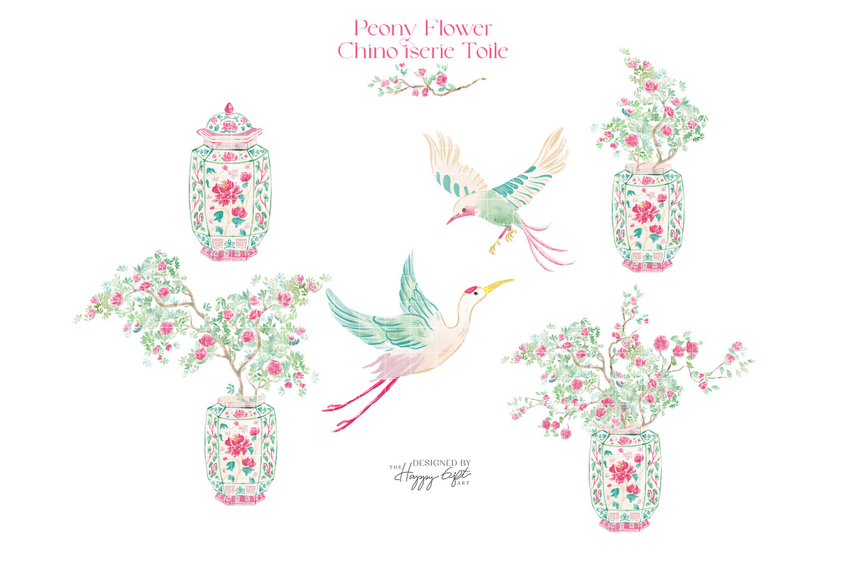 Peony chinoiserie toile cliparts, a Decorative Illustration by TheHappyGiftArt (Photo 2 of 11)