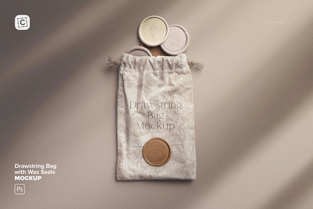 Drawstring Bag with Wax Seals Mockup, an Advertising Mockup by Custom Scene (Photo 1 of 11)