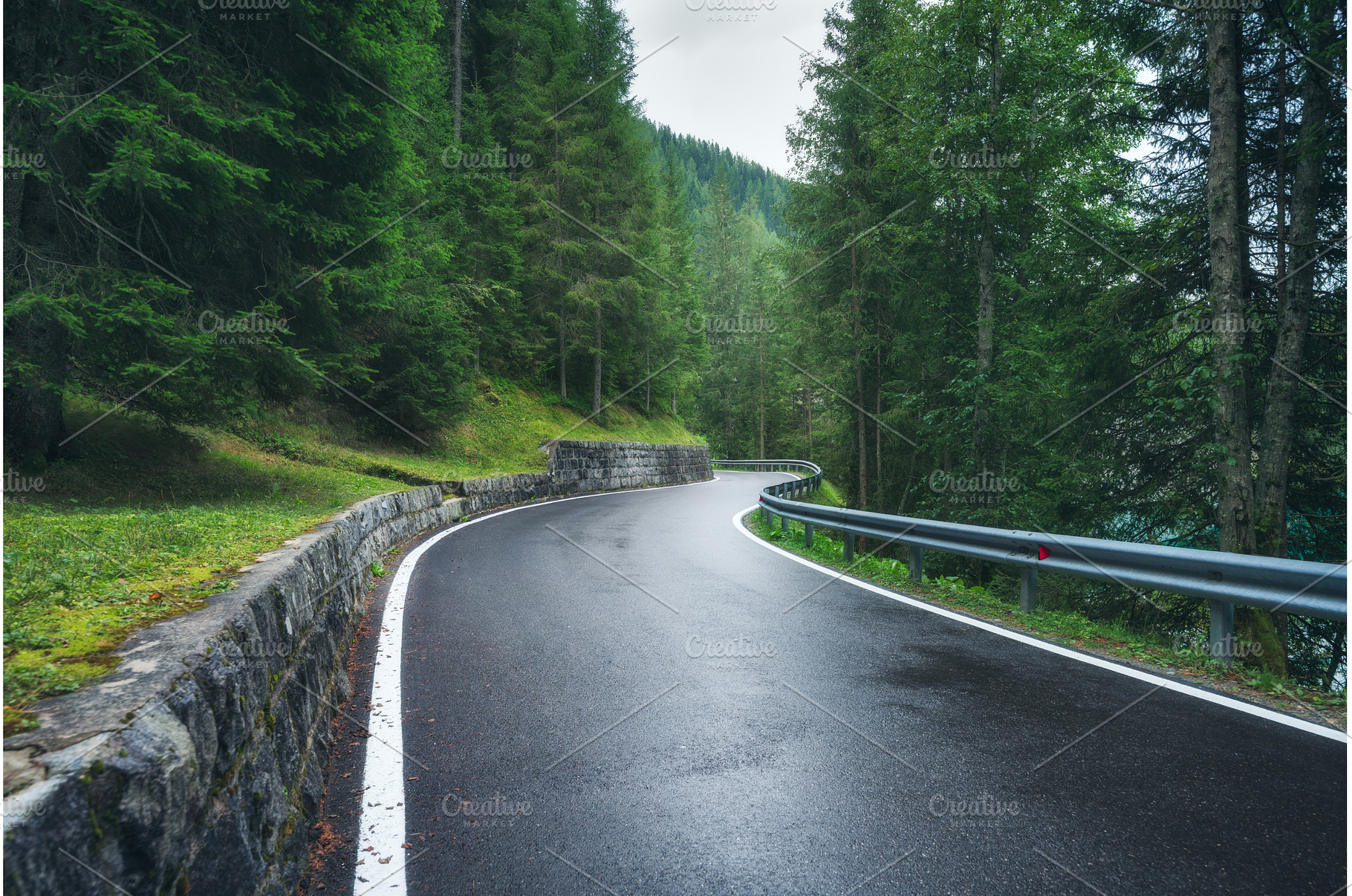 Wet mountain road curving through, a Transportation Photo by den-belitsky