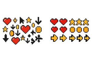 Colorful pixel art icons of hearts, an Illustration by ZinetroN