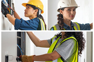 Women electrician at work photo collage composition, a Business Photo by DanFLCreativo