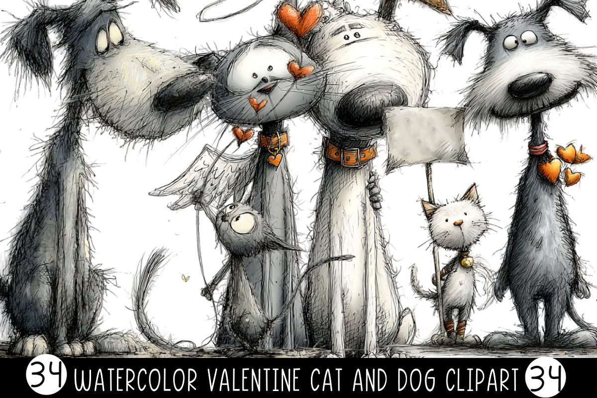 Watercolor Valentine Cat and Dog, an Illustration by Designking (Photo 1 of 4)