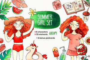Summer Girl watercolor clipart set