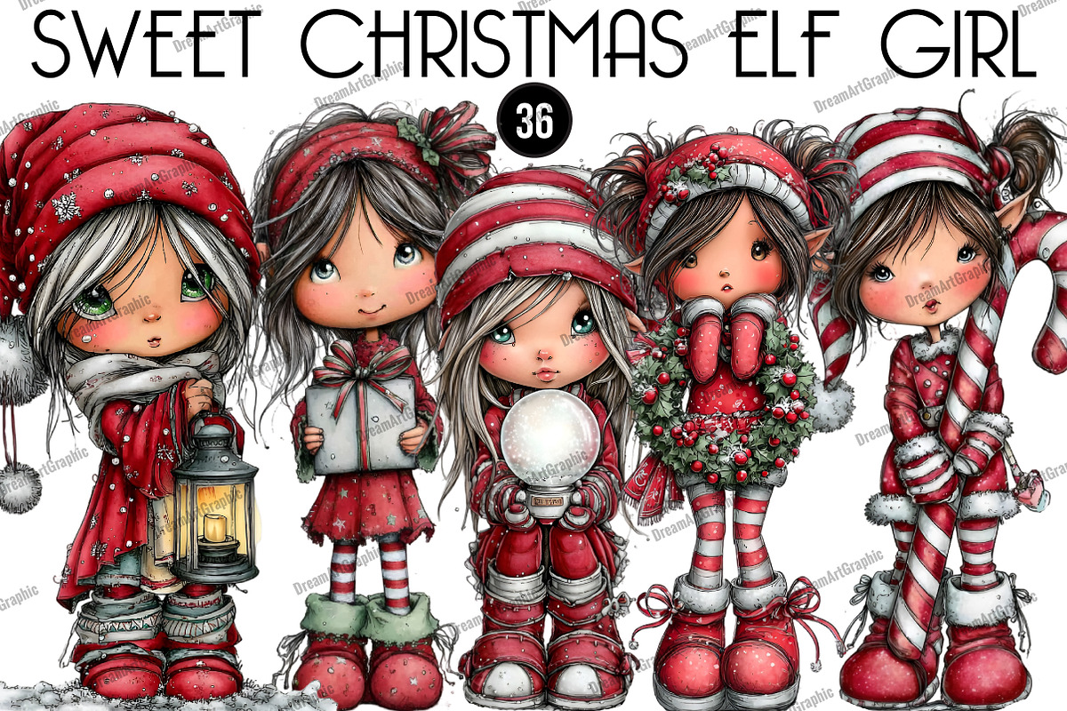 Sweet Christmas Elf Girl Clipart, an Illustration by DreamArtGraphic (Photo 1 of 5)
