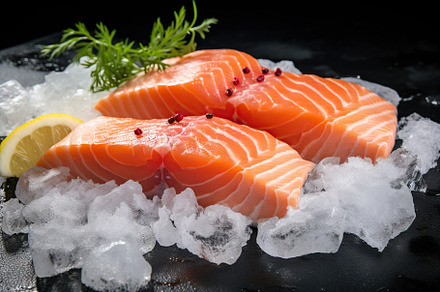 Fresh salmon fillet with ice on black background, a Food & Drink Photo by AlyaAnd
