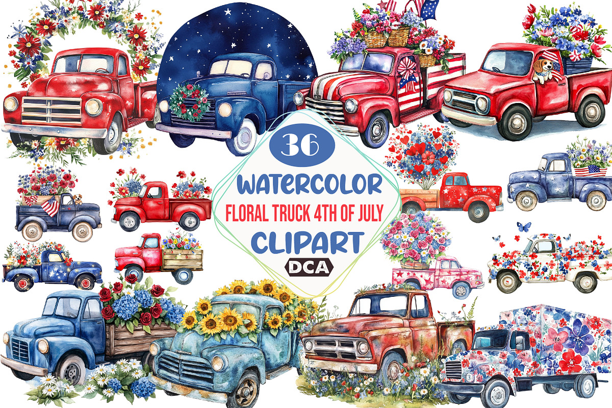 watercolor Floral Truck 4th of july, an Illustration by DreamCafeArt (Photo 1 of 5)