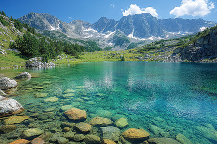 Serene mountain lake reflecting maje, a Photo by Tanuart