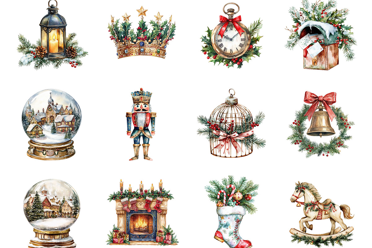 Antique Christmas Watercolor Clipart, a Seasonal Illustration by Designking (Photo 2 of 5)