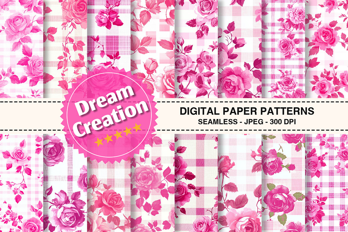 Pink Floral Gingham Seamless Pattern, a Texture Graphic by Dream Creation (Photo 1 of 5)