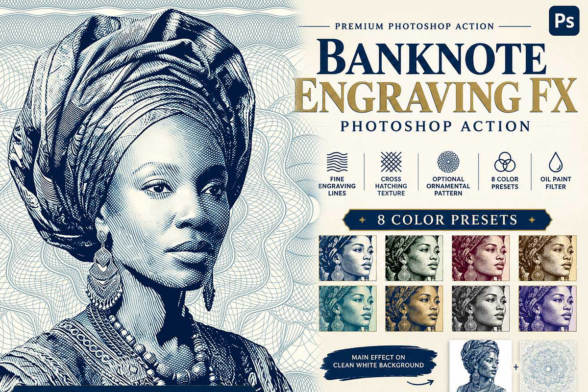 Banknote Engraving FX Ps Action, an Action Add-On by Studio Retouch (Photo 1 of 12)