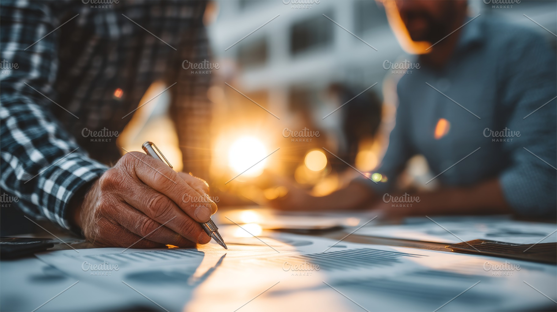 Closeup of hands working on charts at a meeting during sunset, a Person Photo by AS photostudio