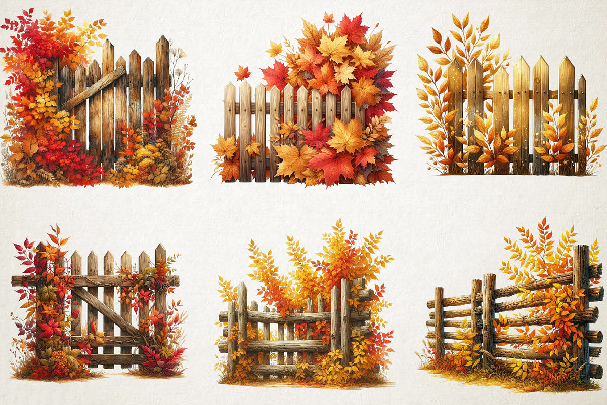 Watercolor Autumn Fence PNG Clipart, a Seasonal Illustration by RobertsArt (Photo 2 of 6)