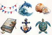Nautical Ocean Watercolor Clipart, an Illustration by Pixels.Craft (Thumbnail 3 of 7)