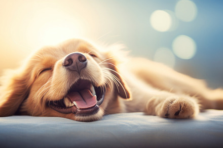 Dog on a bed is smiling, close-up and feeling happy, humorous shot, an Animal Photo by zakiroff