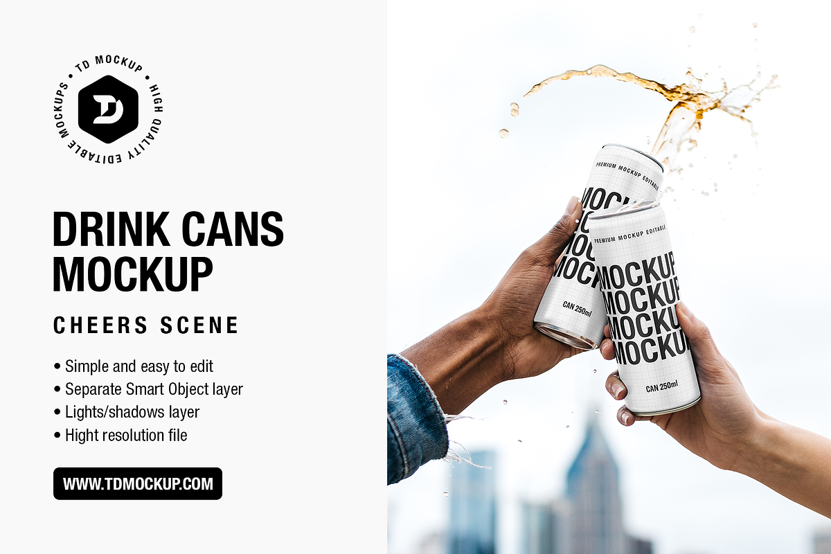 Drink Cans Mockup - Cheers Scene, a Packaging Mockup by TD Mockup (Photo 1 of 2)