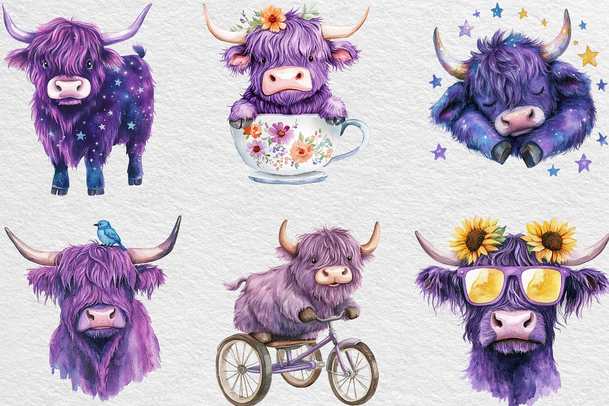 Purple Highland Cow Clipart, an Illustration by Black Bird Studio (Photo 2 of 6)