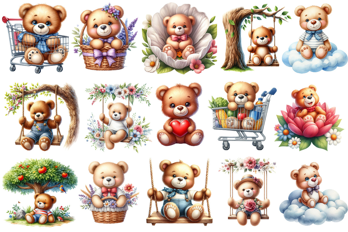 Watercolor Funny Teddy Bear Clipart, an Illustration by CraftArtStudio (Photo 2 of 5)