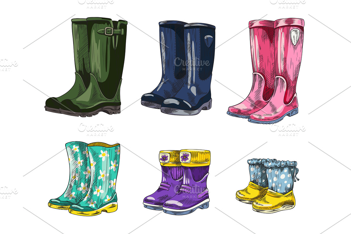 Wellies rubber boots for adults and, an Illustration by Sabelskaya