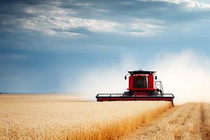 Red combine harvester working, an Industrial Photo by MistyDay