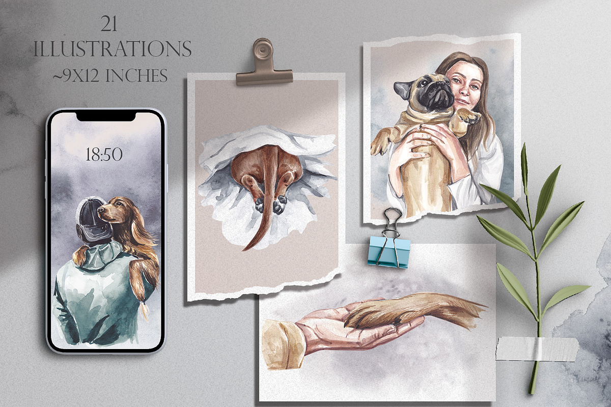 DOG & PEOPLE watercolor clipart, an Animal Illustration by Elena_Sedova (Photo 2 of 8)