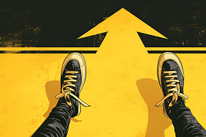 Feet in sneakers on yellow background with large painted arrow design, an Illustration by AS photostudio