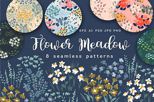 Flower Meadow. 8 Seamless Patterns