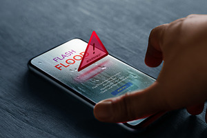 Smartphone shows flash flood alert, Climate change, Technology f, a Photo by salmon.black
